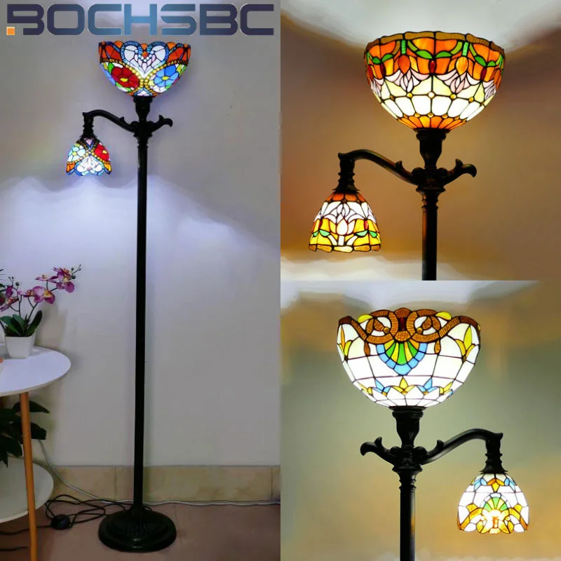 BOCHSBC ​​Tiffany stained glass 12 inch retro floor lamp for bedroom bedside lamp study hotel living room floor lamp LED decor