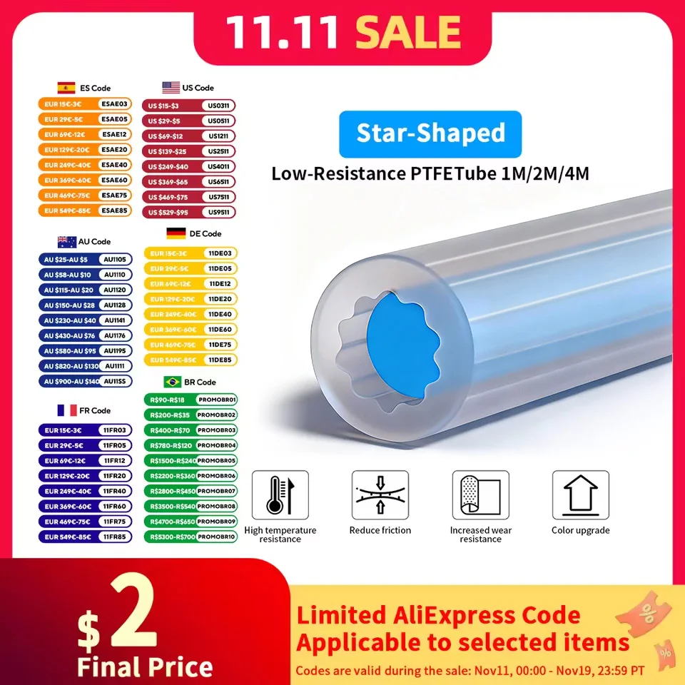 ل بامبو مختبر كرياليتي فورون Anycubic ستار على شكل أنبوب PTFE 4 مللي متر OD مقاومة منخفضة مقاومة درجات الحرارة العالية أنبوب PTFE #1