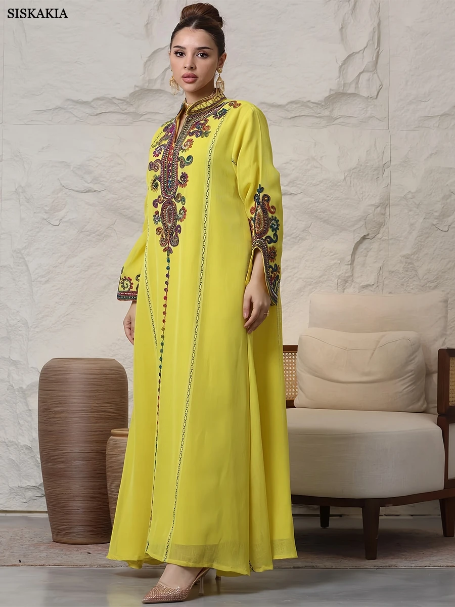 Siskakia Embroideried Luxurious Women\'s Evening Dress With Long Sleeves V-Neck Fashion Elegant Abayas With Belt Marocain Femme