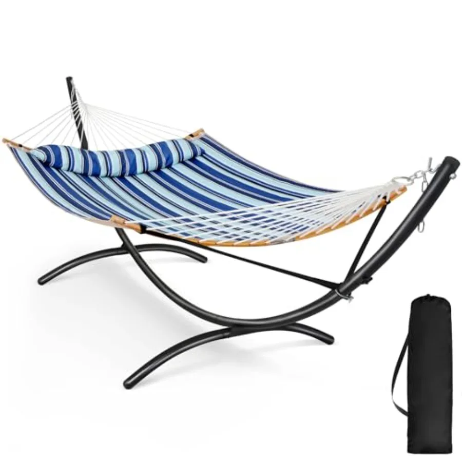 Outdoor double hammock with stand, polyester fabric, blue and white, portable and patent-pending design