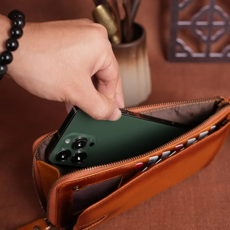 Leather Clutch Bag Long Wallet Men's Zipper Bag Multi-card Bag Large Capacity Multi-functional Casual Mobile Phone Bag