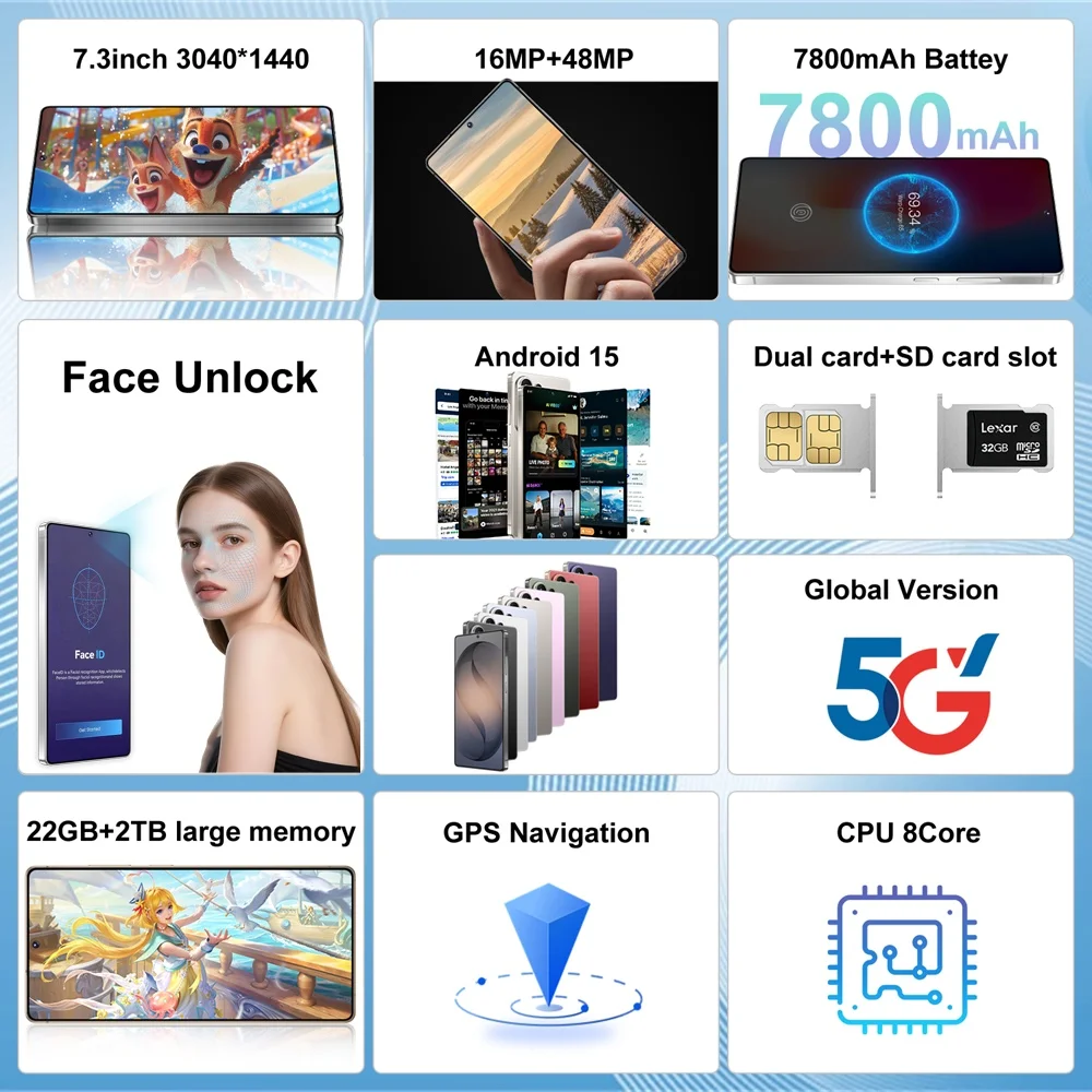 K-Touch Smartphone C27 ultra 5G Cell Phone 7.3 Inch 7800mAh Battery Mobile Phones Android Full Display 48MP Camera 22GB RAM 2TB ROM Face ID Unlocked Android 15 Cell Phone with FM Radio GPS