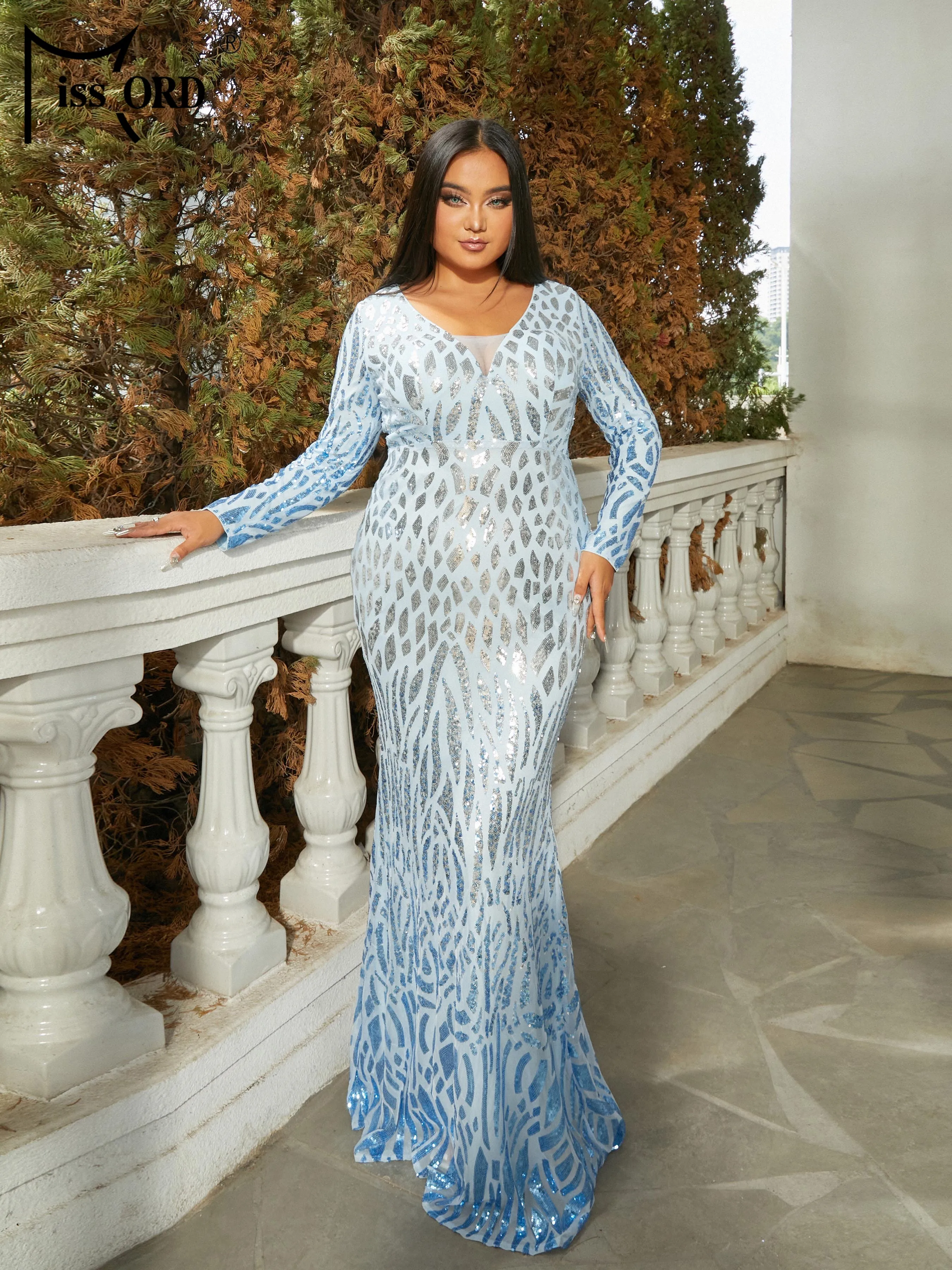 Missord Plus Size New Geometric Elegant Party Dresses For Women 2023 V Neck Long Sleeve Sequin Mermaid Evening Dress