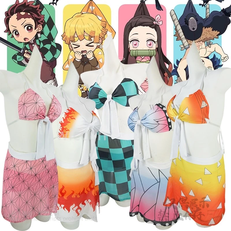 【Miss Sakura】Kanroji Mitsuri Maiô Cosplay Tanjirou Kamado Sexy Mulheres Swimwear Nezuko Vestido Uniforme Terno de Verão