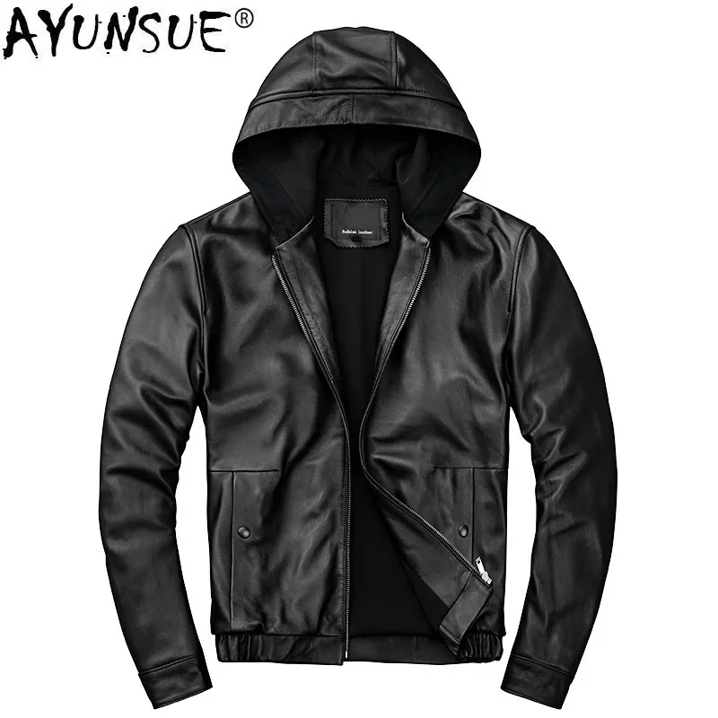 

AYUNSUE Real Genuine Leather Jacket Men Hooded 100% Sheepskin Coat Short Spring Autumn Plus Size Men's Leather Jackets KJ2905