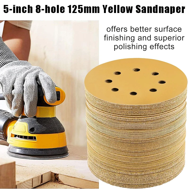 

10 PCS 5 Inch 8 Hole Yellow Sanding Disc with Hook Loop Sandpaper 40-800 Grits Grinding Disc Abrasive Tools Dremel Accessories