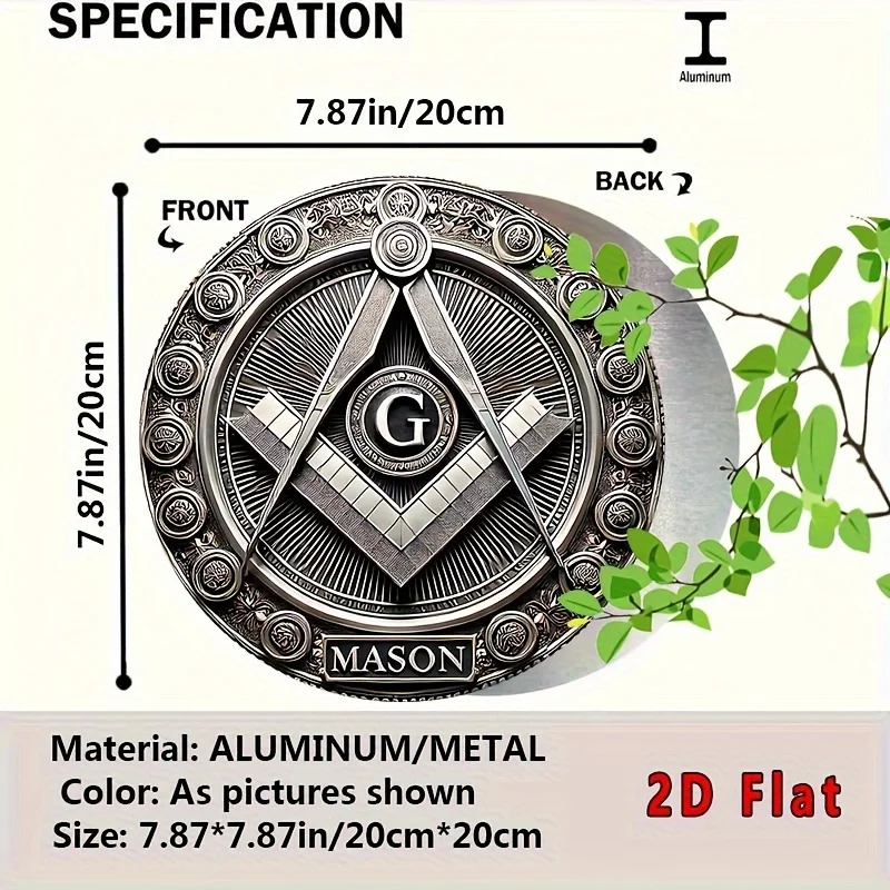 2D Flat - Vintage Masonic Metal Wall Art Plaque in a 2D Flat Design, Measuring 8X8 Inches, Featuring The Square And Compass Symb
