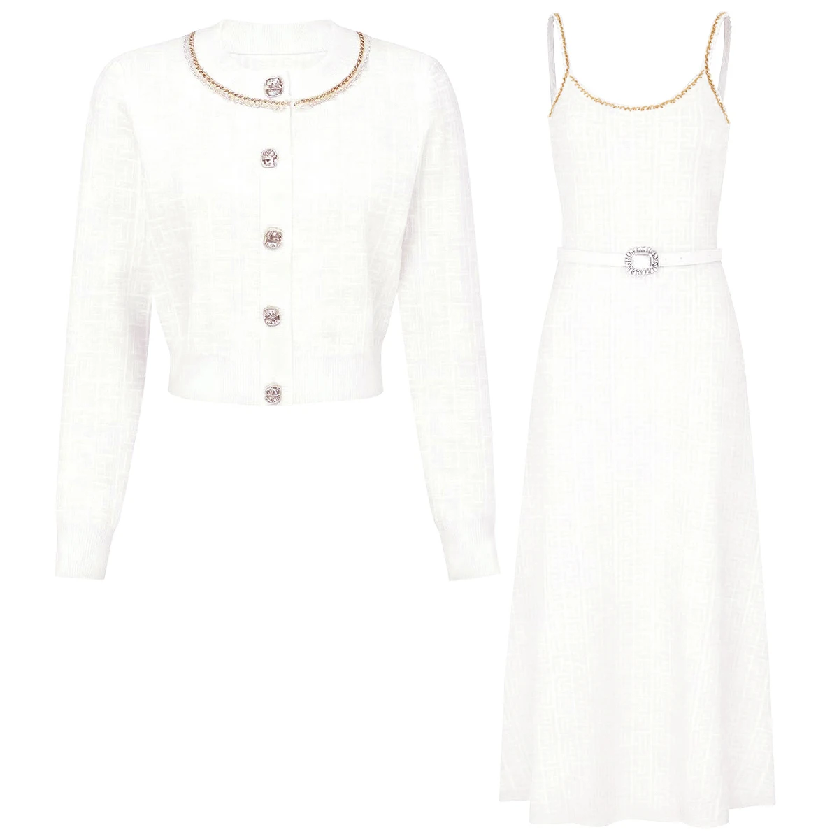 

High Quality Spring And Autumn New Fashion Temperament Commuting Knitted Women's Chain Button Top Jacket+Suspender Dress Set