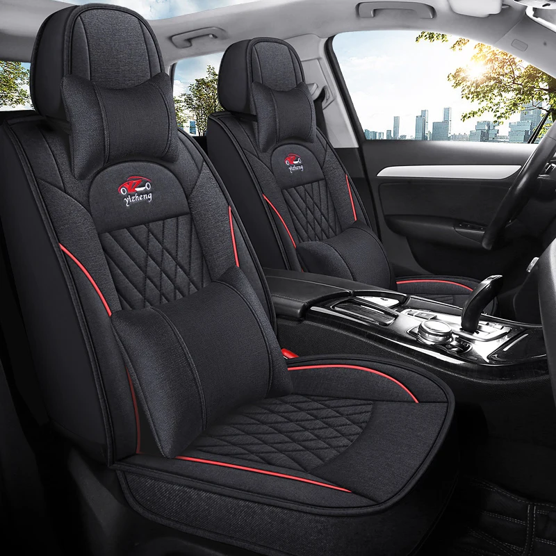 

Linen material front two-seat car seat covers, with headrests and lumbar supports, universal style, suitable for most models