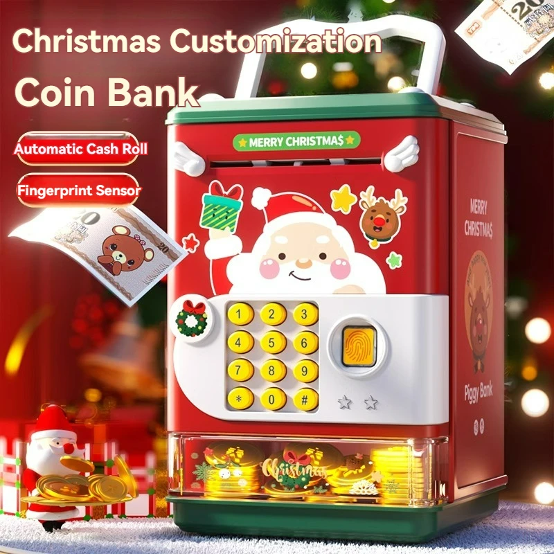 クリスマス貯金箱,電子ミニATM,貯金箱,パスワードと指紋のロック解除,貯金箱,シミュレーション,子供向けギフト