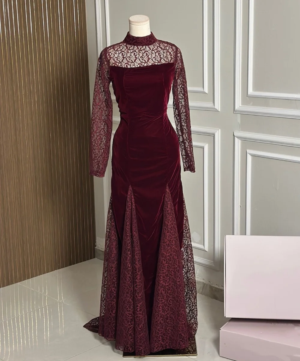 Customized Pastrol Velour Pleat Trumpet High Collar Long Dresses Bespoke Occasion Evening Fashion High Quality