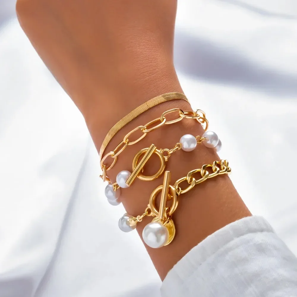 4pcs Set Luxury Imitation Pearl Chain Beaded Bracelet for Women Exquisite Charm Gold Color Stainless Steel Bangle Jewelry Set