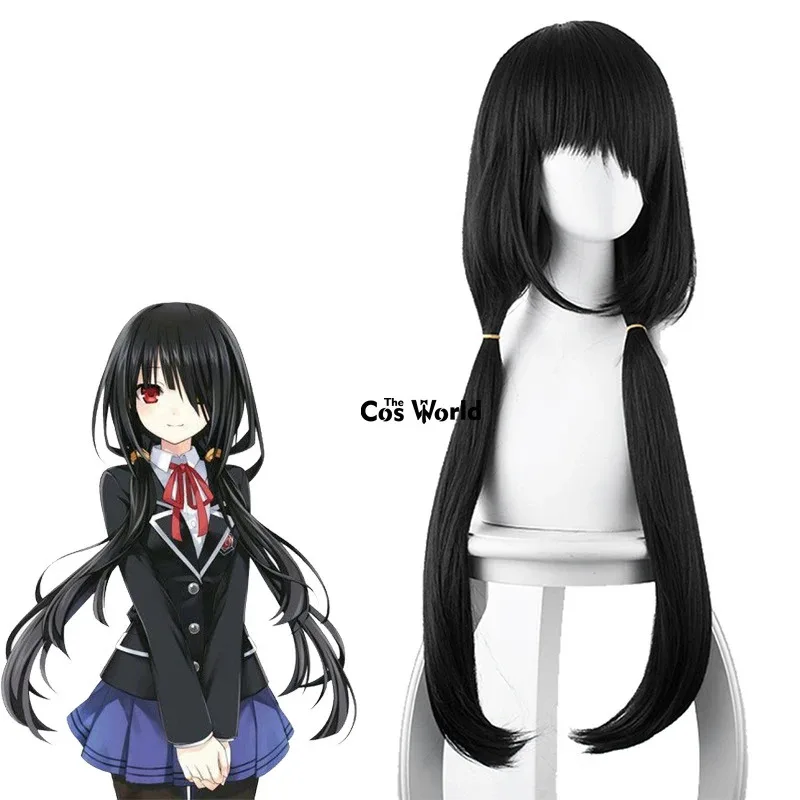 Date a Live Tokisaki Kurumi-pelucas de Cosplay de Anime, color negro, 80cm de largo y liso, pelo sintético de fibra resistente al calor + gorro de peluca