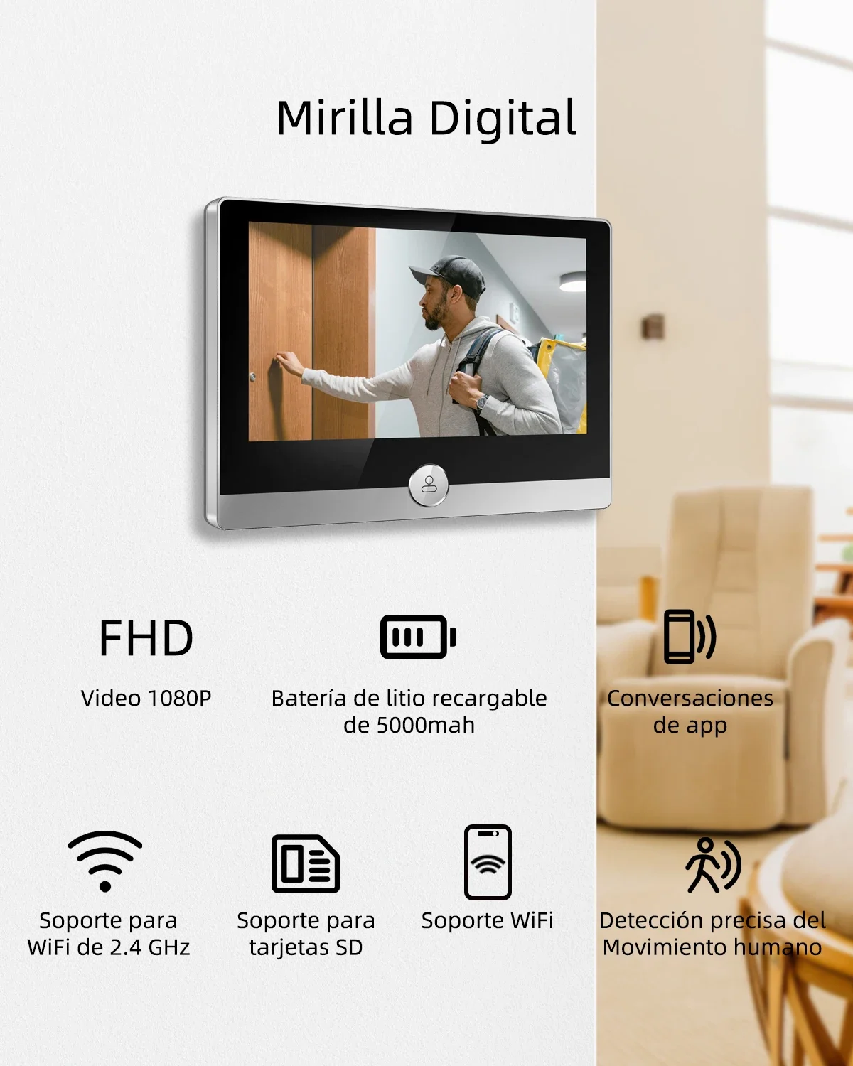 Smart Video Door Phone com Visão Noturna, Câmera Colorida, Bateria Embutida, Peephole Oculto, Função de Intercom, Compatível com Tuya