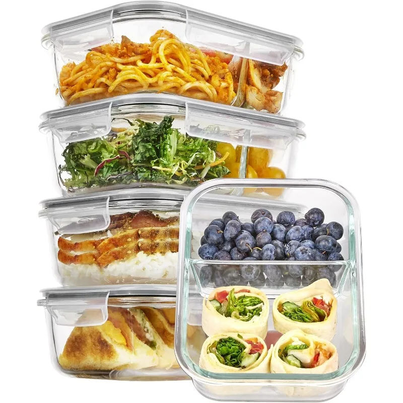 5 Pack 33oz Glass Food Storage Containers with Lids, Meal Prep Containers 2 Compartments, Airtight Lunch Containers Bento Boxes