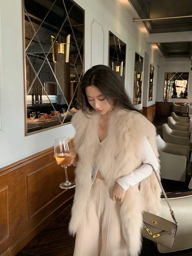 

Женский меховой жилет средней длины в корейском стиле, модный, без рукавов, приталенный, для повседневной носки