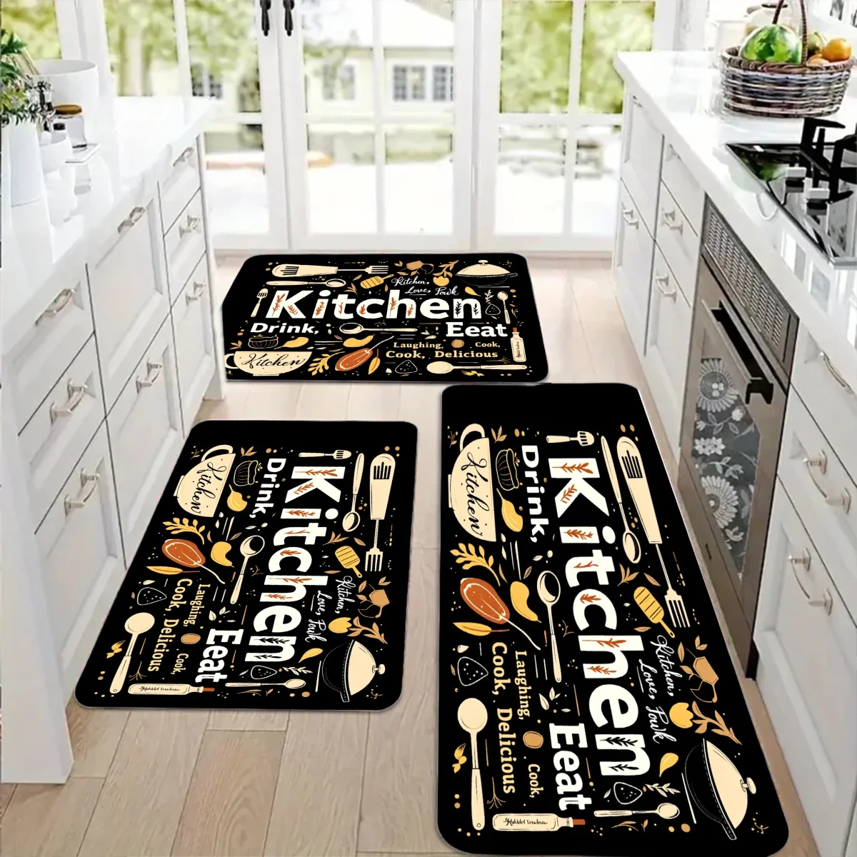 Single Kitchen Mat Featuring a Design with Alphabet Cups, Spoons, Pots, Bread, And Vegetables. Made of Polyester, This Non-Sli