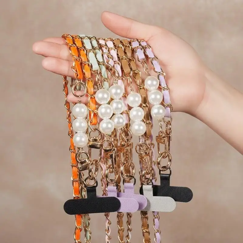Luxury Universal Mobile Leather Woven Phone Shoulder Chain With Pearl Accessories Phone Lanyard Diagonal Cross Bag Decoration