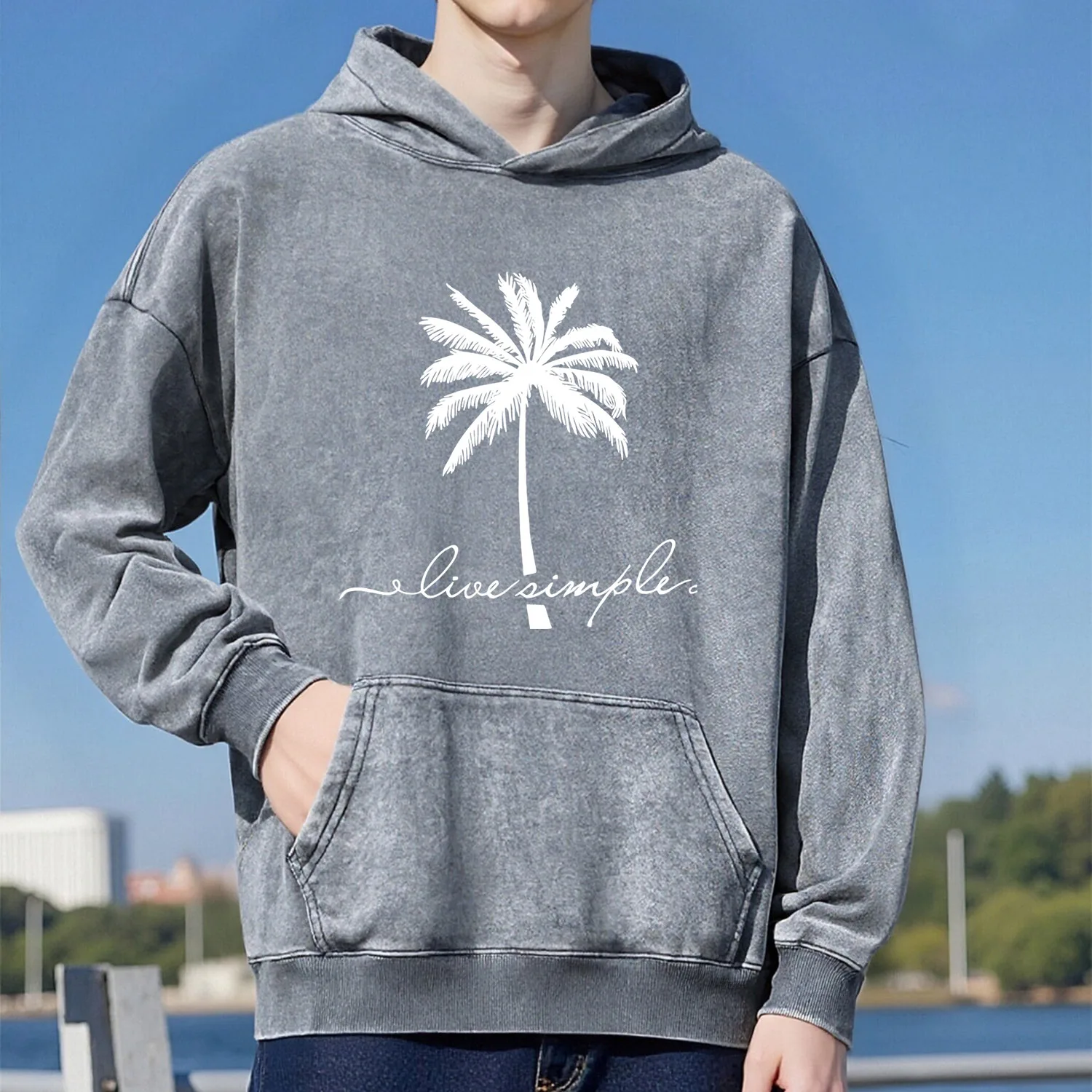 سويت شيرت بقلنسوة بنمط شجرة جوز الهند بتصميم كلاسيكي للجنسين كاجوال بنمط رياضي مصنوع من القطن الخالص طراز الشارع 400 جرام