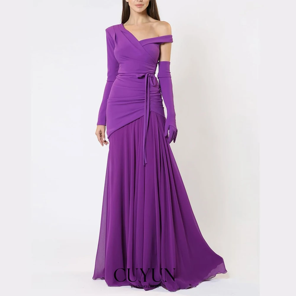 

CUYUN Purple Elegant Evening Dresses Women One Shoulder Long Sleeves Party Dresses Customized A Line Chiffon Prom Dresses