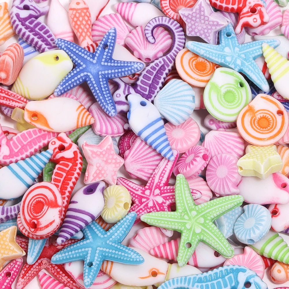 100pcs Conch Sea Shell Beads Mixed Seahorses Starfish Ocean Animal Acrylic Beads For Jewelry Making DIY Necklace Accessories