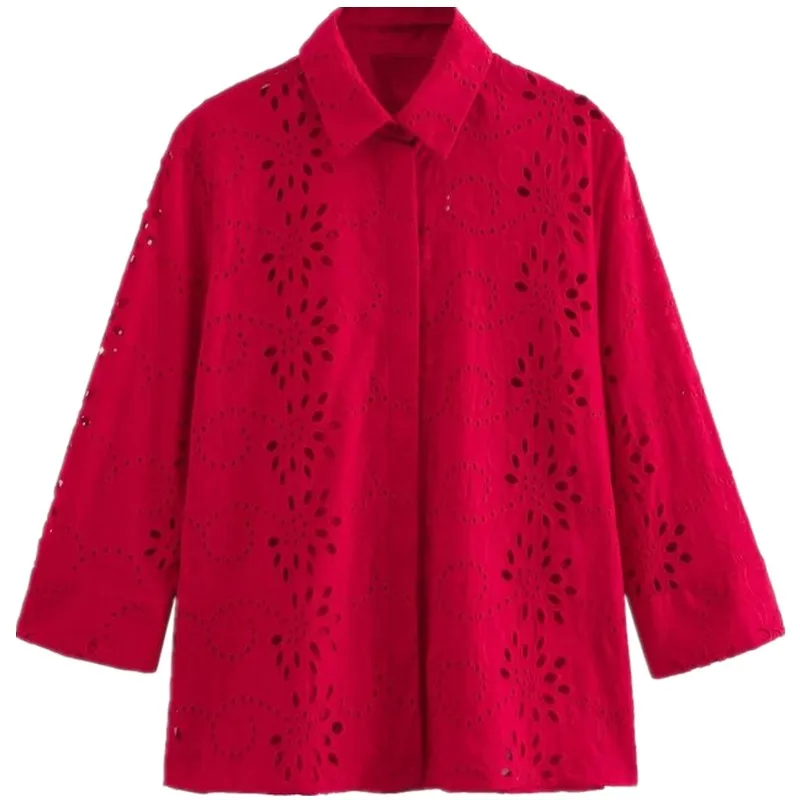 

Ele Embroidered Silk Long Sve irt Women's Faion Summer New Arrival Hollow out Design Versatile Casual Commute Sle