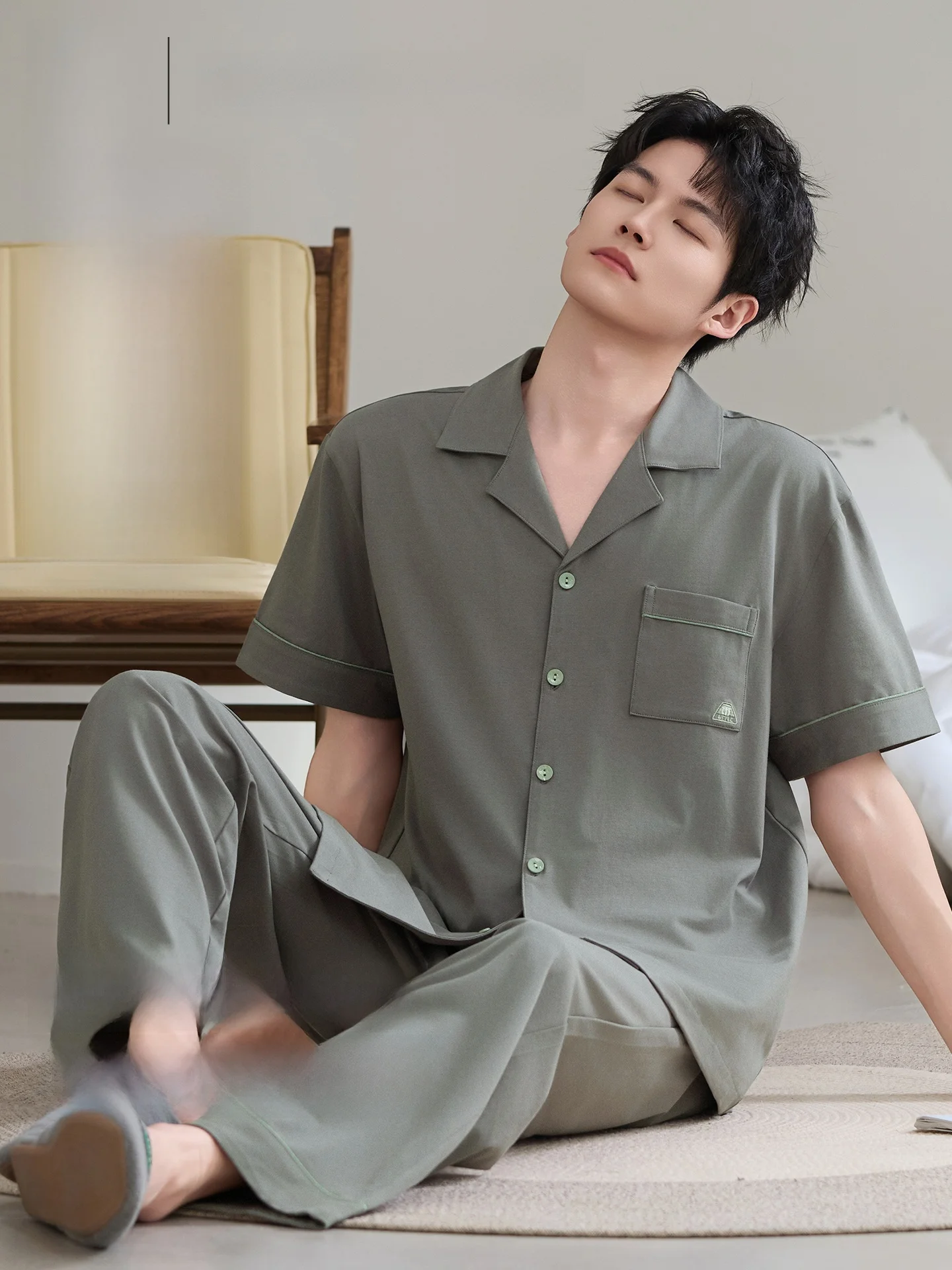 Pure Cotton Men's Sleepwear Short Sleeve Thin Three-piece Set Large Size Open Cardigan Home Clothes Set Breathable Cool Sensa...