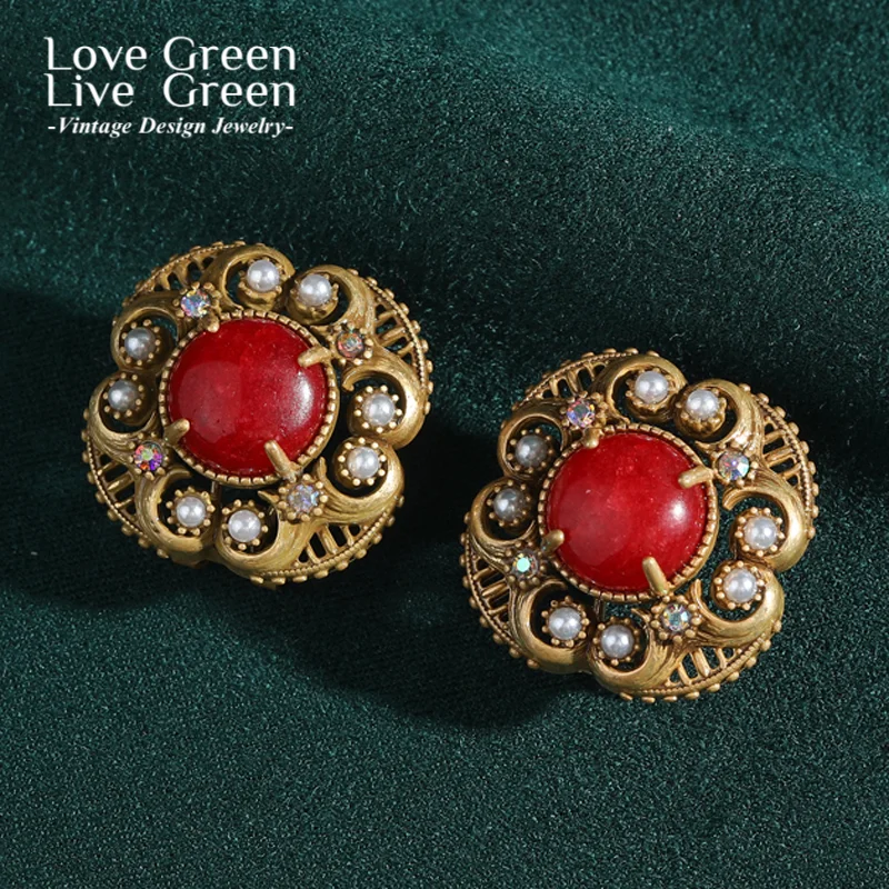 

Vintage Pearl Red Earrings Elegant Stud For Woman Luxury Quality Jewelry Flower Antique Gold Color Mother Day Gift 2025 Trends