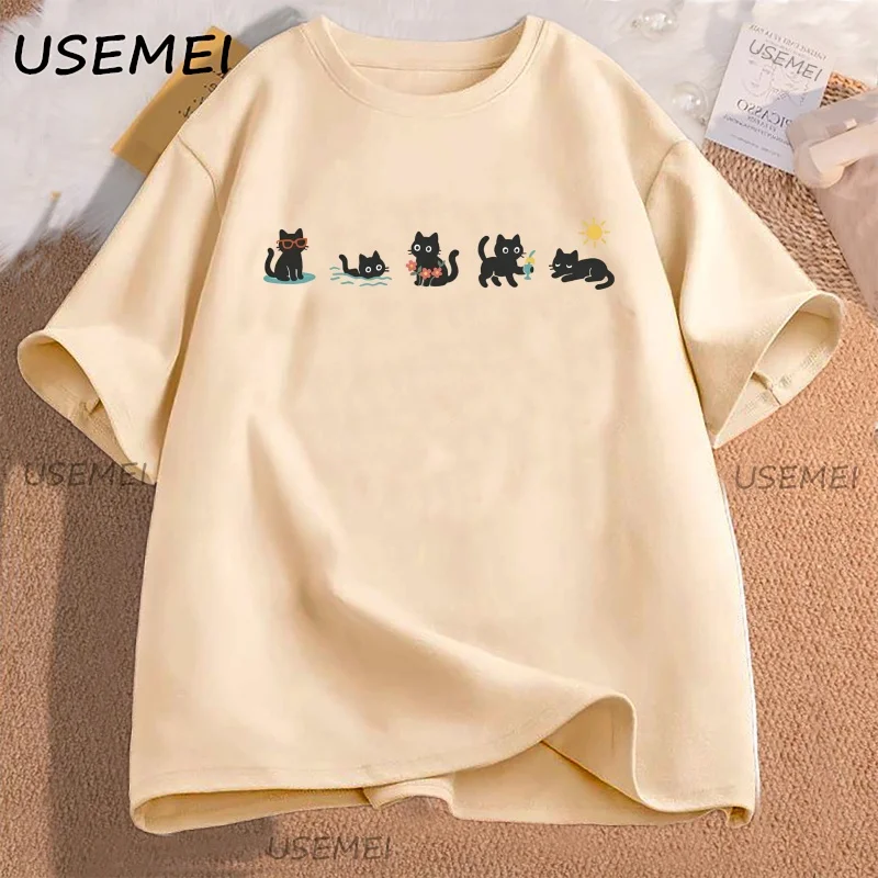 

Black Cat T-shirt Funny Cute Cat Printed T Shirt Men Women Round Neck Loose Breathable Tshirt Oversized Basic Tee Streetwear
