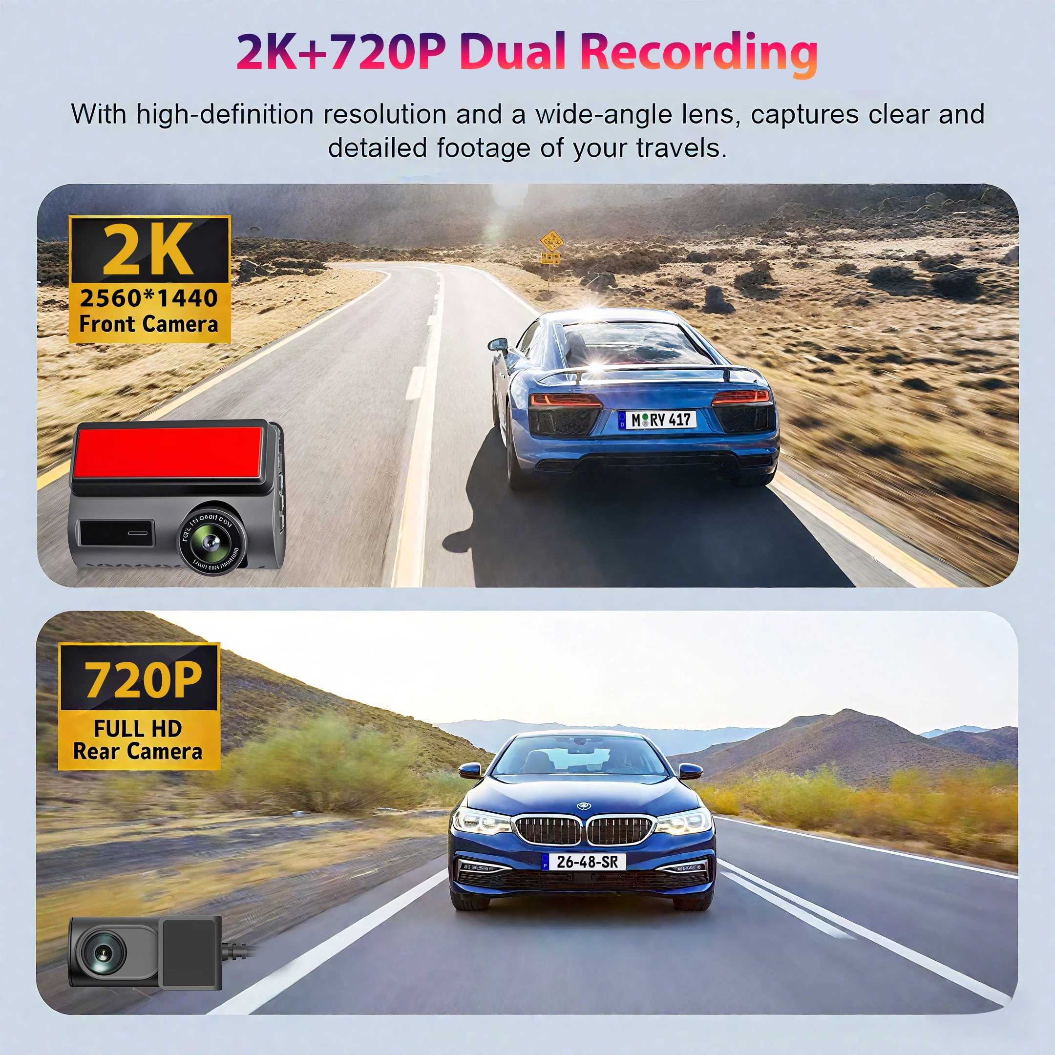 4G Live Streaming Dash Cam GPS 2K Front and 720P Rear Double Camera Night Vision 24H Parking Monitor Video Recording WiFi Share