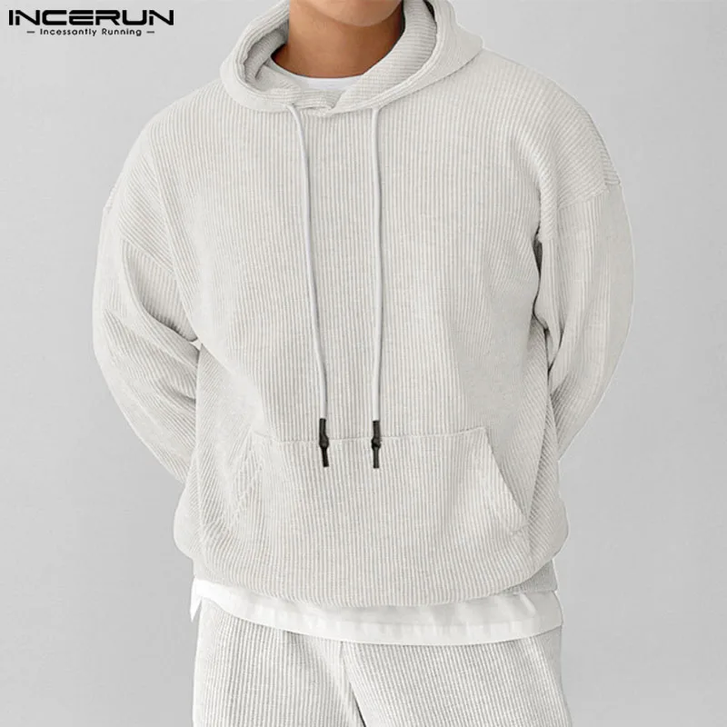 INCERUN Men Hoodies Solid Hooded Long Sleeve Drawstring Loose Casual Sweatshirts Men Streetwear Autumn 2024 Fashion Pullovers