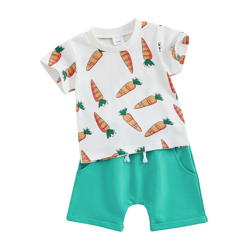 

Baby Boy Easter Day Outfit Short Sleeve T-shirt Shorts Trouser Set Summer Bunny and Carrot Print Clothes My First Easter