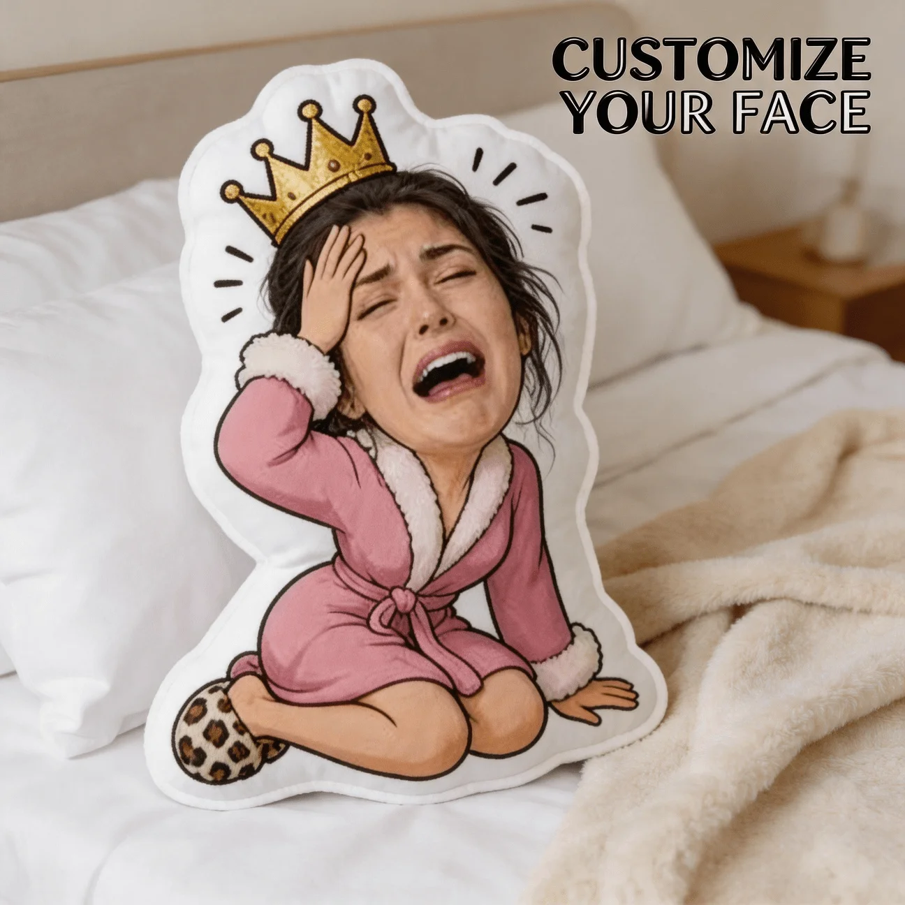 Custom Face Funny Shaped Pillow, Personalized Photo Crying Queen Style Decorative Cushion with Crown, Unique Home Decor Accent f