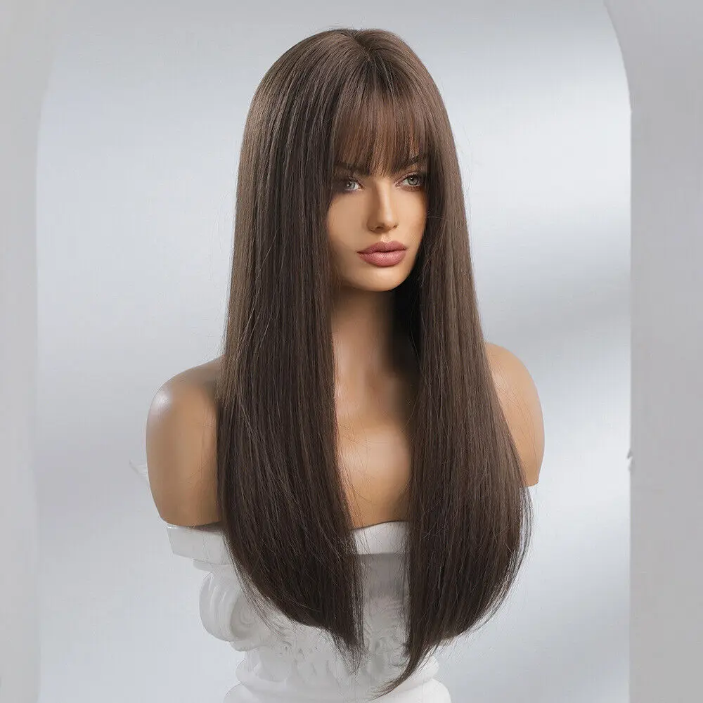 24 Inch Dark Brown Long Natural Straight Hair Bangs WomenDaily Use Wigs