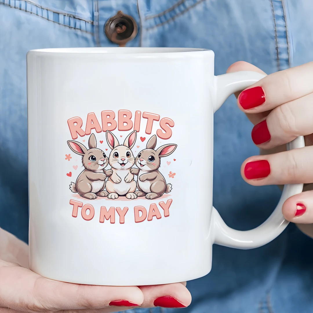 

11oz cartoon rabbit mug soft pastel pink gray family office Christmas gift hand in hand blessing cup