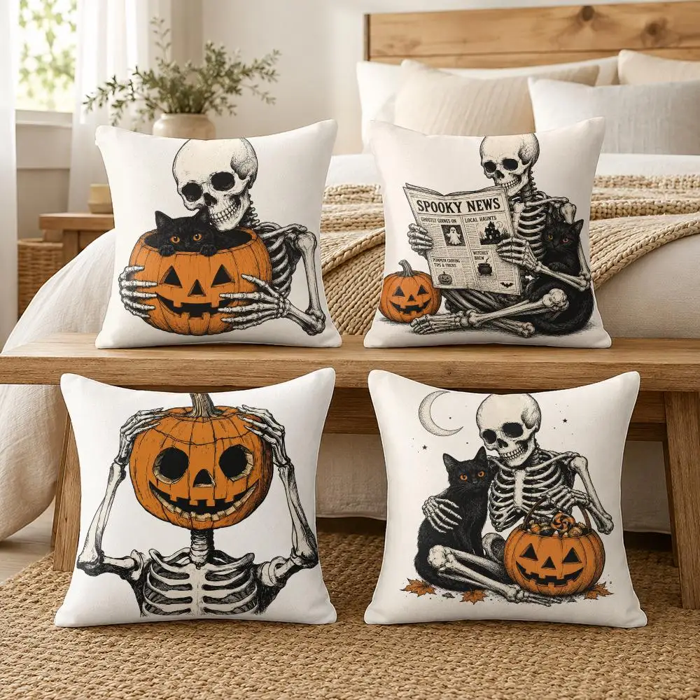Halloween Skeleton Tales Cushion Cover Soft Short Plush Pillow Cover Smooth Cozy Texture Aesthetic Cushion Case Home Decor