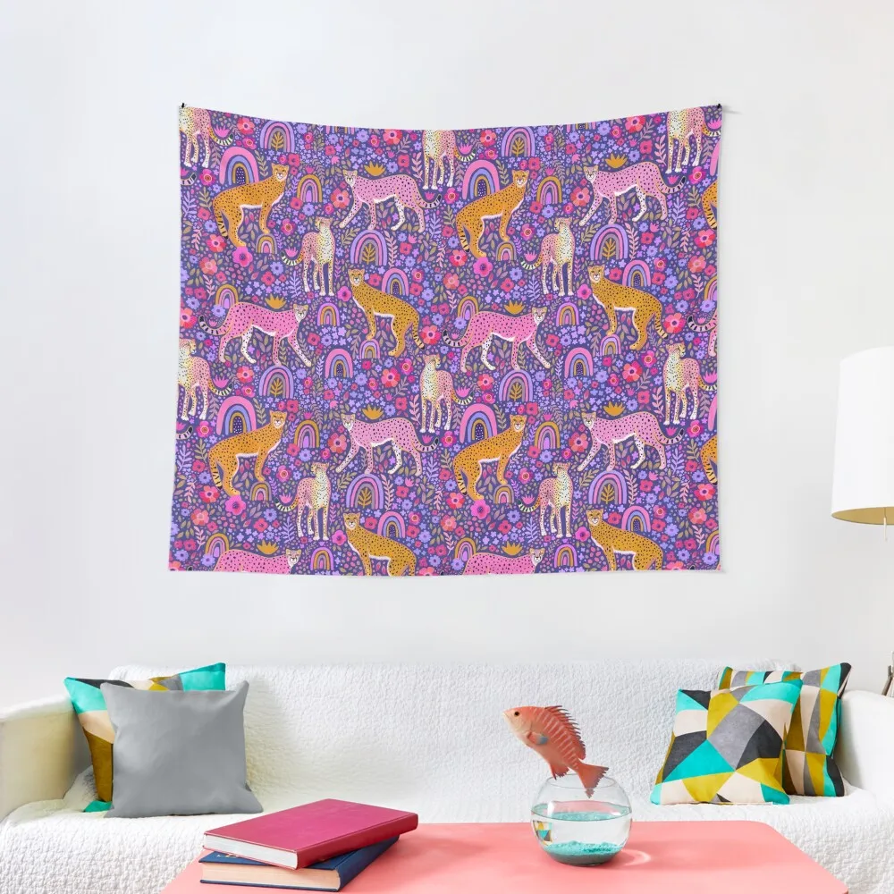 

cheetahs in a Rainbow Garden on Navy Blue Tapestry Aesthetic Room Decor Room Decorating Aesthetic Tapestry