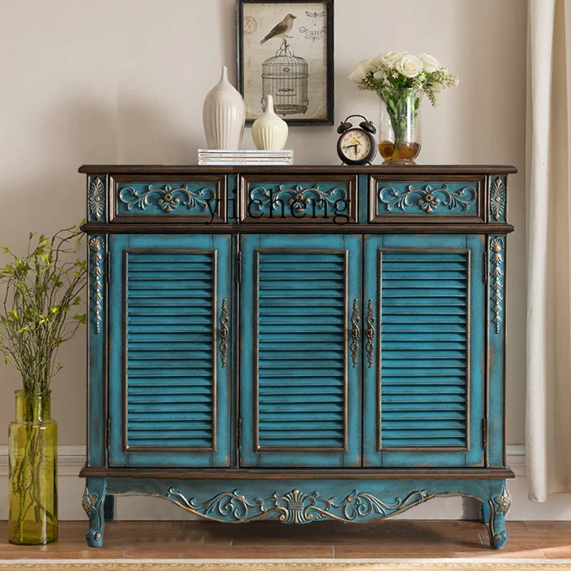 breathable shoe cabinet household entrance door solid wood louver European porch cabinet retro balcony furniture
