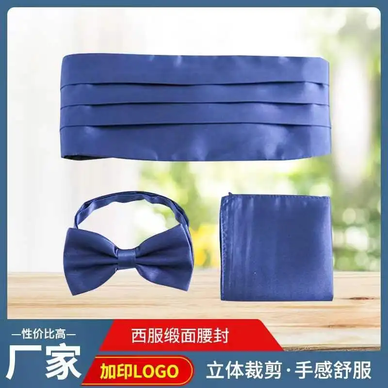 3 Pcs Mens Satin Navy Tuxedo Formal Wide Cummerbund Pre-tied Bowtie Hanky set Belt Ceremonial Belt Elastic Waistband Ikepeibao