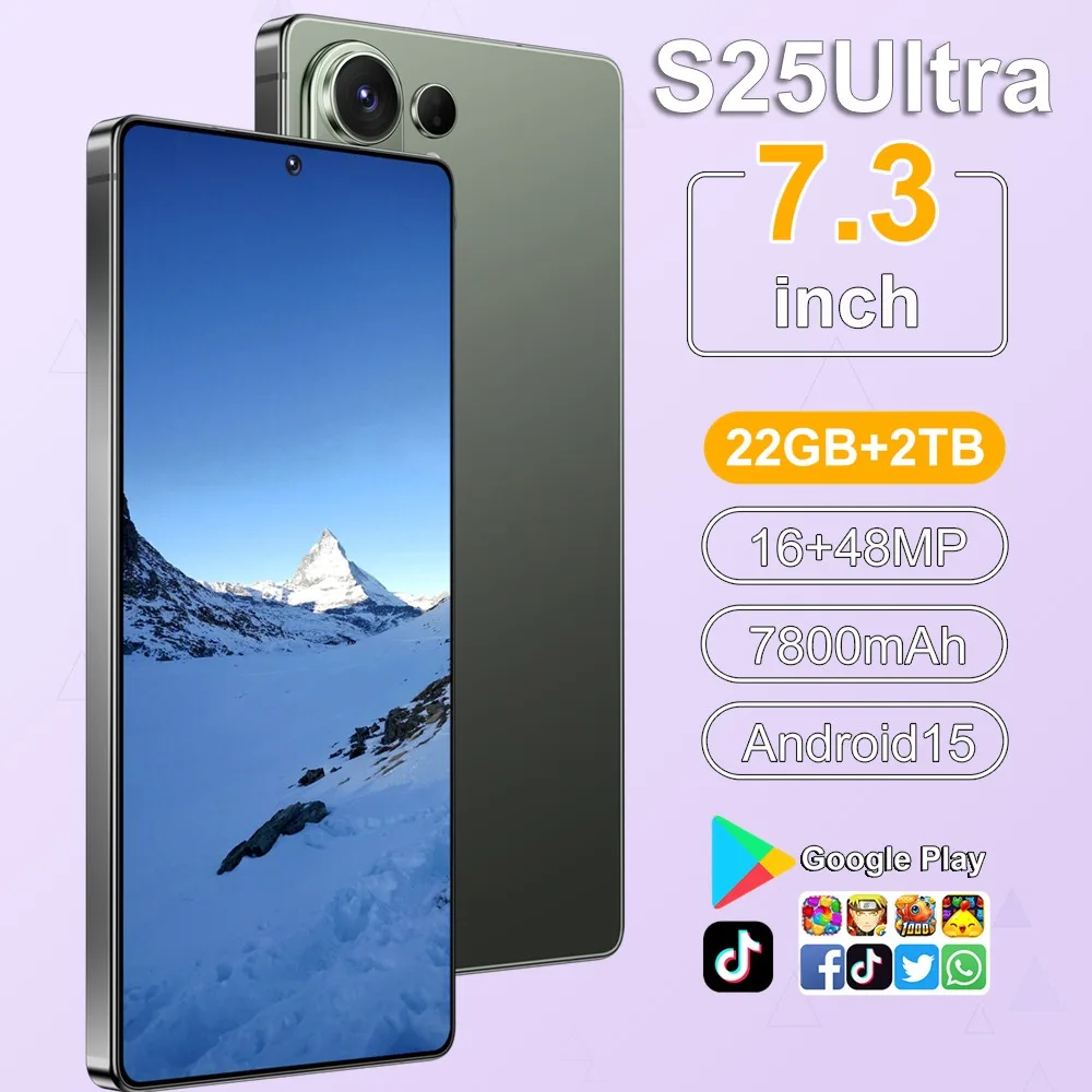 Nouveaux t�l�phones mobiles populaires pour S25 Ultra Smartphone Android 5G 7.3HD T�l�phone portable 22G+2TB 7800mAh D�bloqu� Double SIM Wifi Version Globale