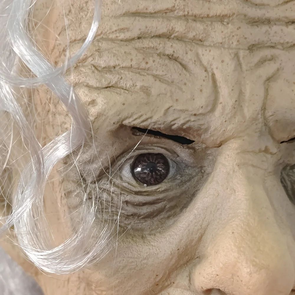 ハロウィン ラテックス ホラー 老婦人マスク ホワイト ショートヘア 面白い 動く口 おばあちゃん フルヘッドマスク いたずら リアルなキャラクターマスク