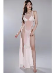 Lace O Mesh Neck Maxi Dress Mesh Lace Thin Transparent Sexy Women Slit Long Dress Elegant Women Fashion Sexy Women 7L7G