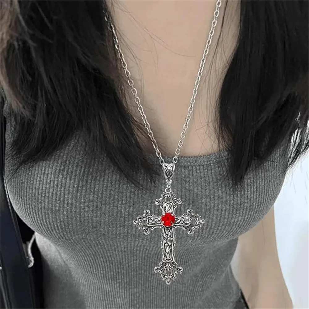 فاسق القوطي خمر الصليب قلادة فضية اللون مع بلورات القوطية الصليب عيد الفصح مجوهرات للجنسين مرصع بالجواهر الصليب القلائد #4