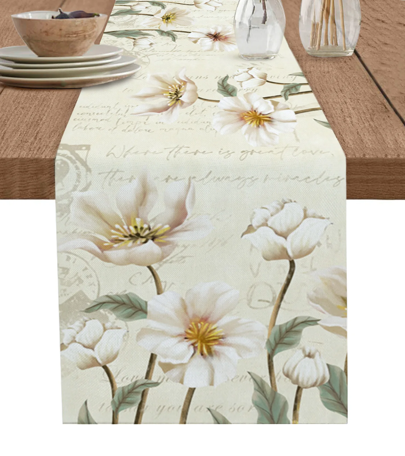 

Rustic Vintage Tulips Flowers Table Runner Wedding Decoration Cotton Linen Table Runner for Holiday Party Kitchen Table Decor