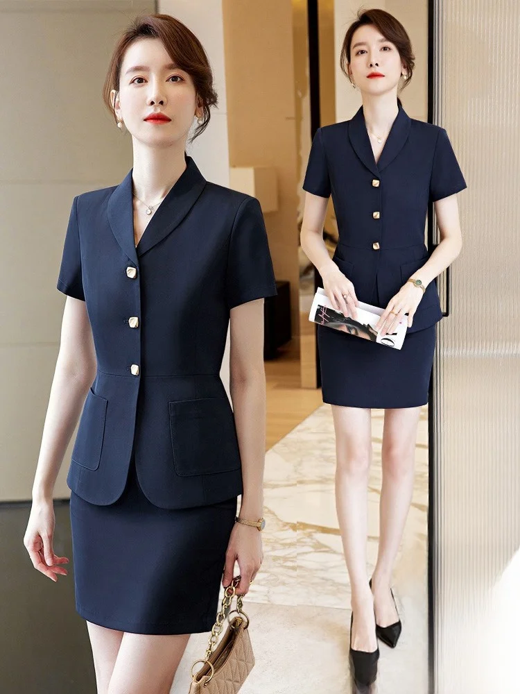 

Professional Short Sleeve Women's Suit Set Spring Summer Real Estate Sales Office Workwear Polyester Commute Style Fitted
