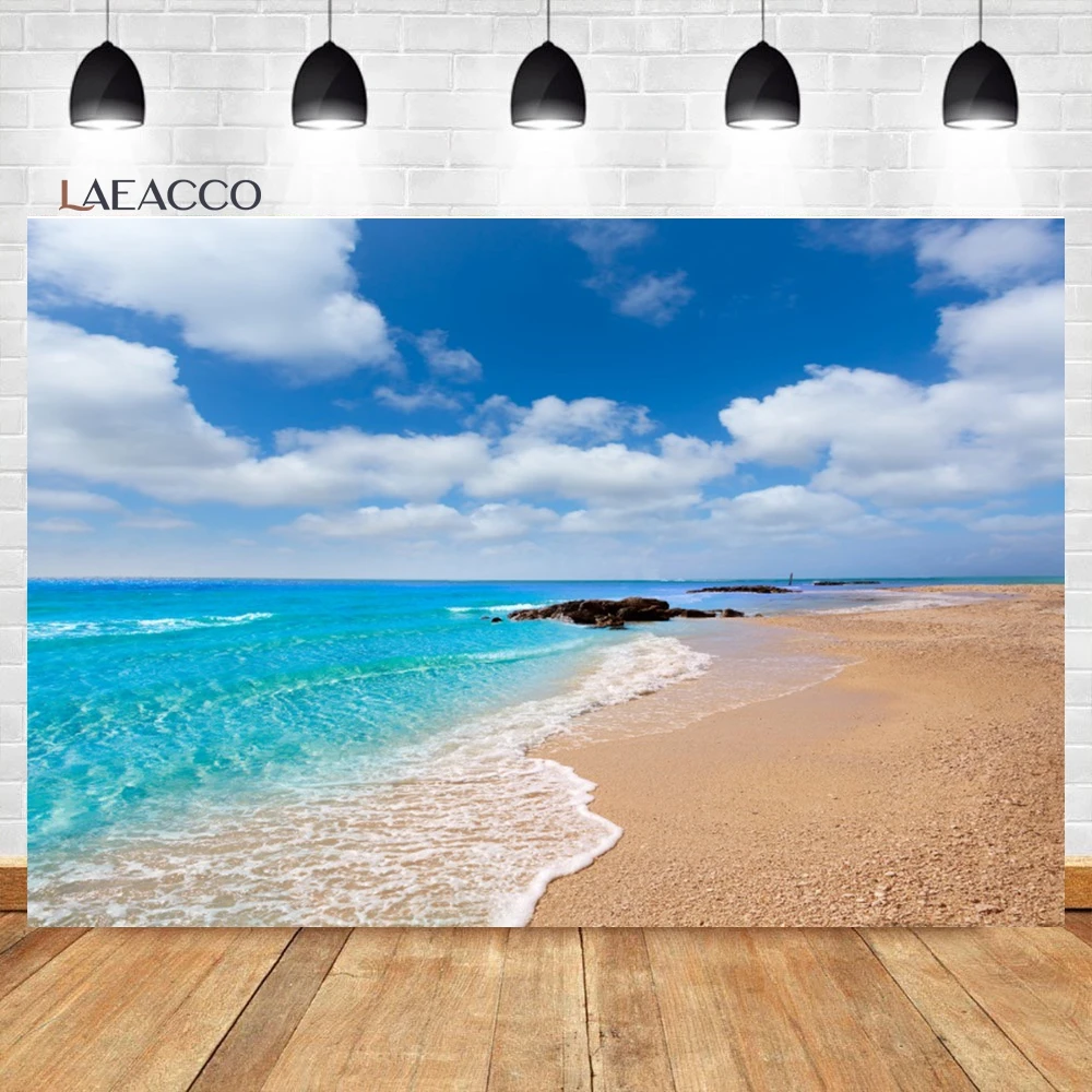 

Laeacco Summer Hawaii Beach Photography Backdrop Tropical Seaside Blue Sky and White Clouds Clear Day Family Portrait Background