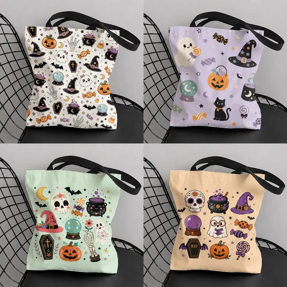 Halloween Doodle Collage Storage Bags Canvas Tote Bag Double-Sided Print Lightweight Shoulder Travel Beach Bag Gift Eco