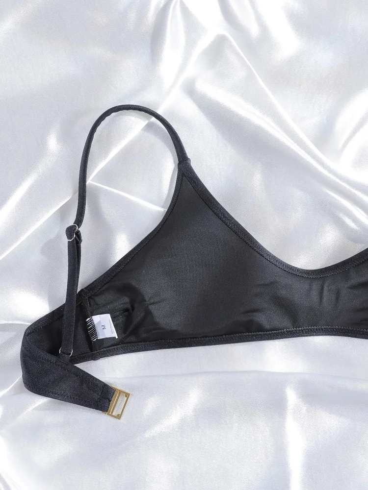 Rinade String-Bikini, Push-Up-Bikinis, schwarze, einfarbige Badebekleidung, hoch geschnittener Badeanzug, sexy Badeanzüge, Urlaubs-Badeanzug, zweiteilige Strandbekleidung – Detail 5