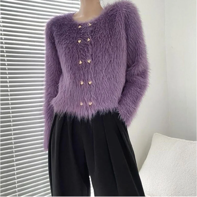 

Spring Autumn New Women's Mink Velvet Knitted Cardigan Sweater Coats Fashion Elegant O-Neck Button Commuter Long Sleeve Tops