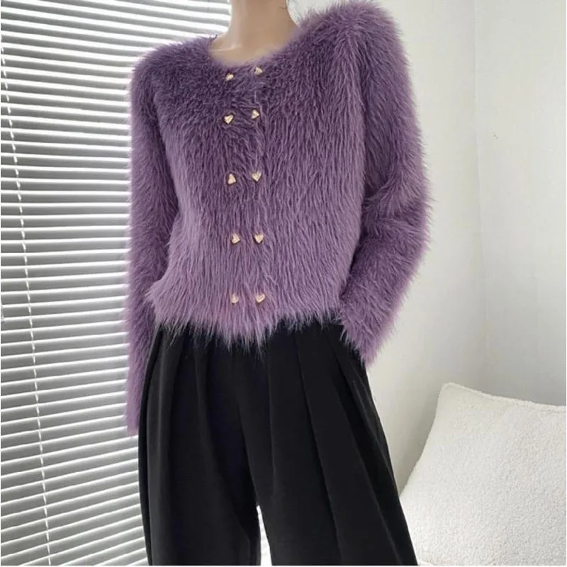 Spring Autumn New Women\'s Mink Velvet Knitted Cardigan Sweater Coats Fashion Elegant O-Neck Button Commuter Long Sleeve Tops